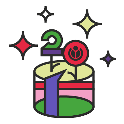 Eine Grafik von einer Geburtstagstorte mit der Zahl 20 und dem Wikimedia Logo.