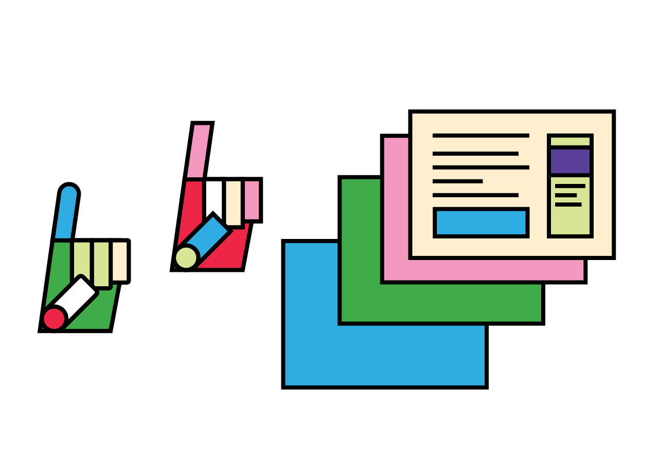 Eine Grafik von zwei Händen mit erhobenem Zeigefinger. Rechts daneben sind vier bunte Umschläge zu sehen.