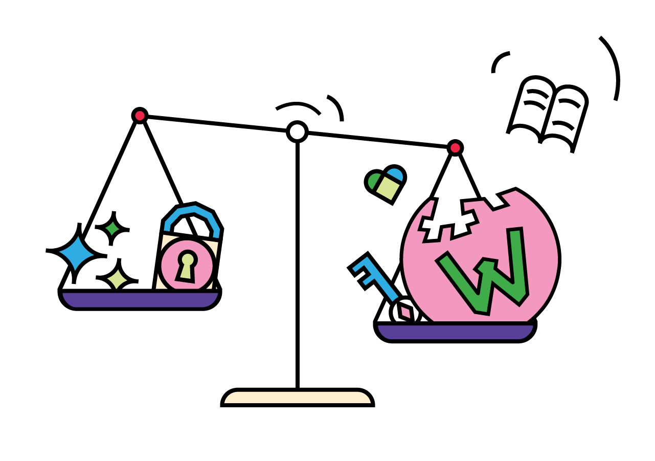 Grafik einer Waage. Auf der rechten, schwereren Seite liegt ein Wikipedia-Ball und ein Schlüssel. Auf der linken Seite liegt ein ungeöffnetes Schloss.