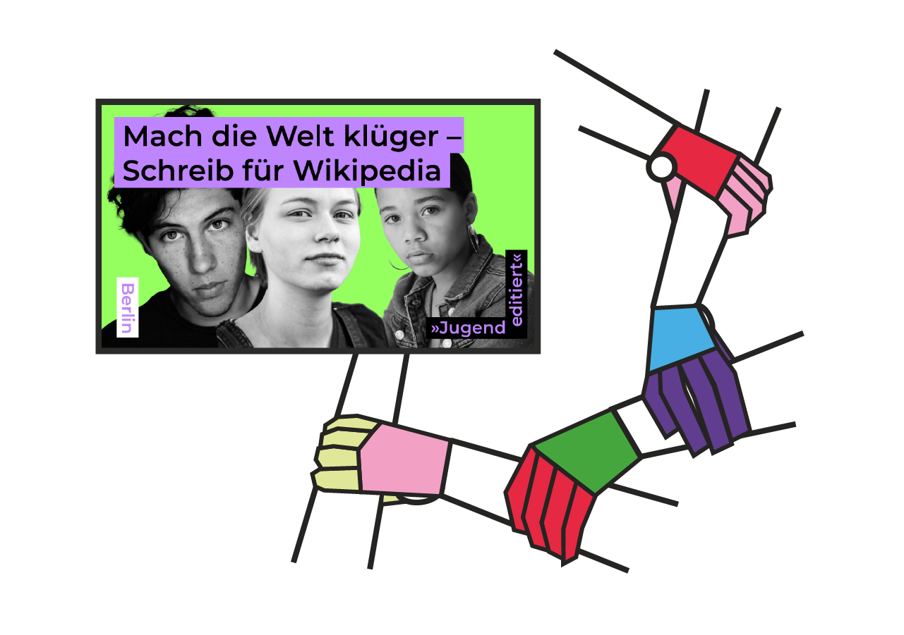 Das Teaserbild für die Veranstaltungsreihe „Jugend editiert“ links neben einer Grafik von Händen, die sich einander festhalten.