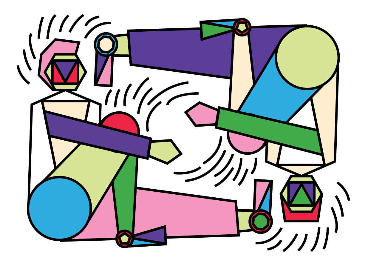 Grafik von zwei sitzenden Körpern, bestehend aus bunten, geometrischen Formen.