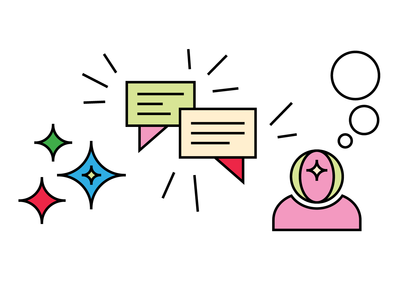 Grafik mit zwei Sprechblasen in der Mitte. Links davon sind drei Sterne zu sehen und rechts ein Oberkörper mit einer Denkblase.
