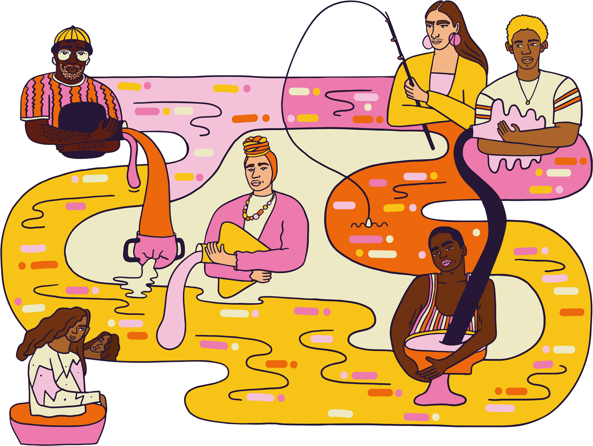 Illustration von sechs Personen unterschiedlicher Hautfarbe, die sich um einen bunten Fluss versammelt haben.