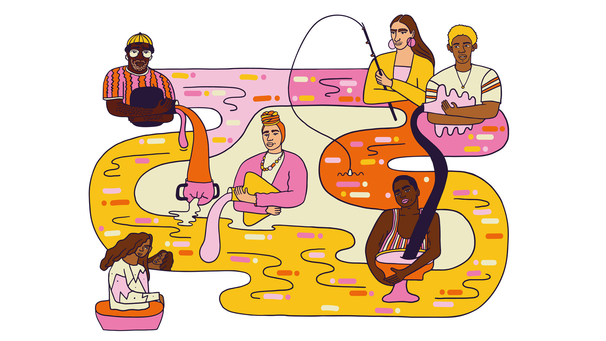 Illustration of six people of different skin colours gathered around a colourful river.