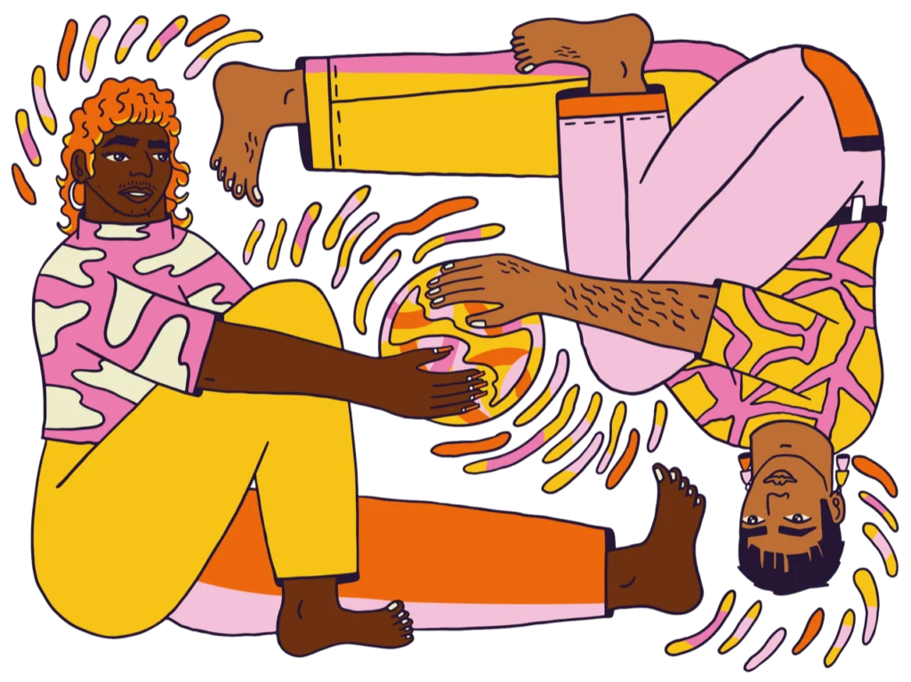 Graphic of two people holding a ball in their hands.