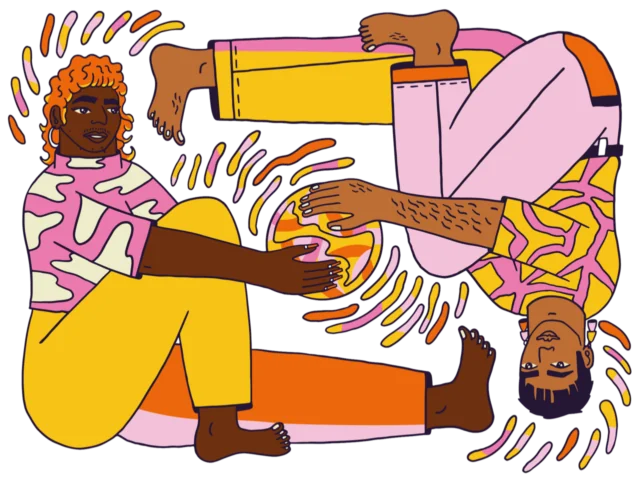 Grafik von zwei Personen, die eine Kugel in den Händen halten.