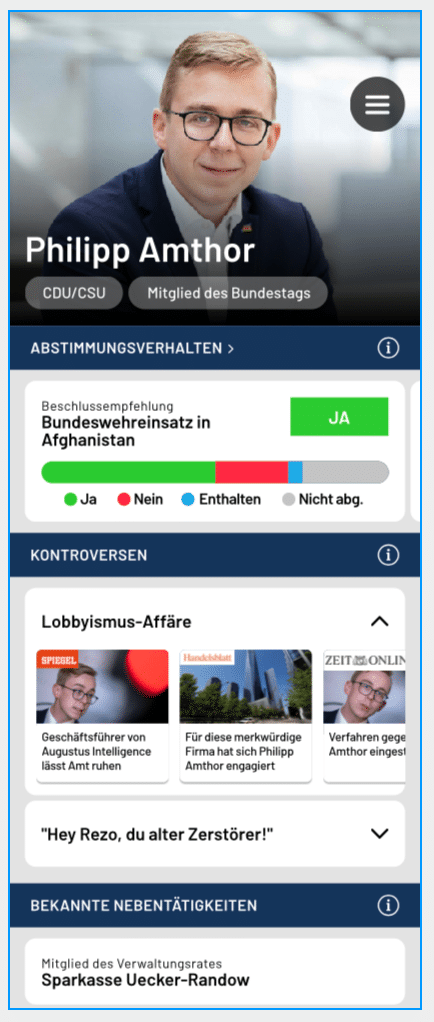 Screenshot from the 2020 prototype of the Face the Facts app which was developed during the UNLOCK Accelerator 2020. It shows information on politician Philipp Amthor.