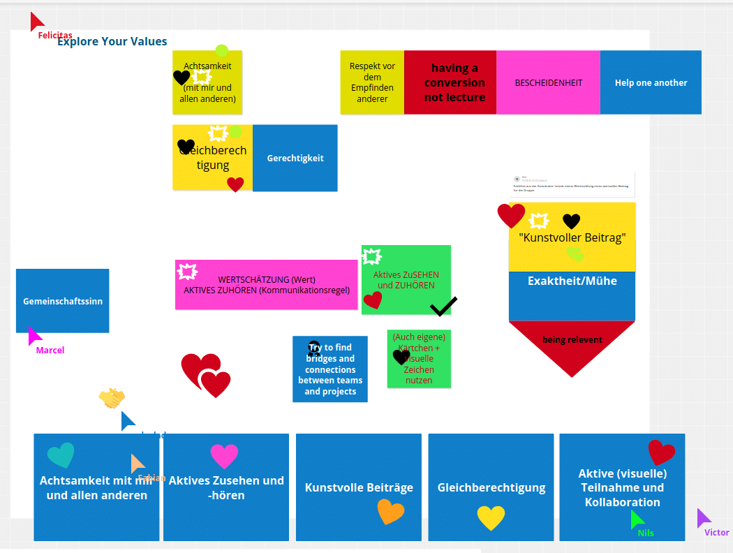 Screenshot eines Arbeitsboards zur Erarbeitung gemeinsamer Werte