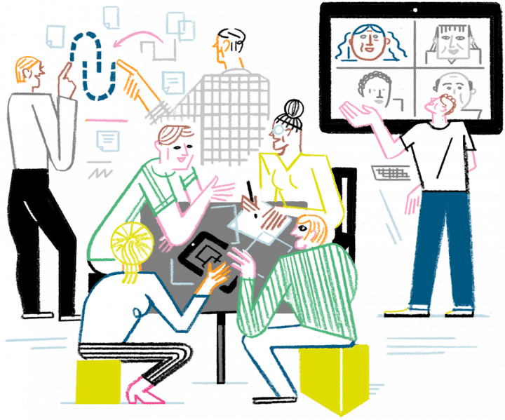 Eine Illustration von Menschen, die mit digitalen Tools in Teams zusammen arbeiten.