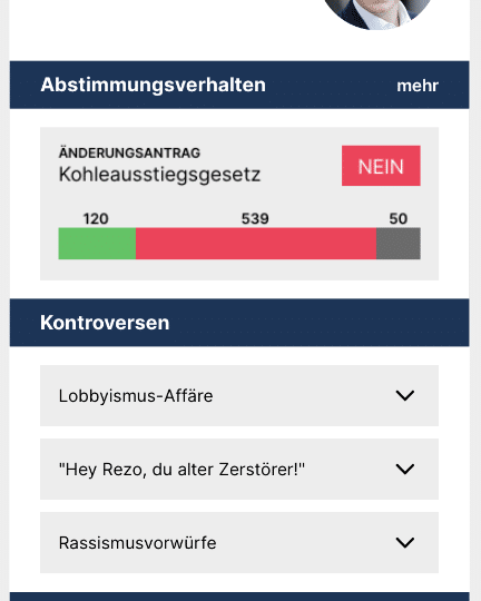 Screenshot from the 2020 prototype of the Face the Facts app which was developed during the UNLOCK Accelerator 2020. It shows information on politician Philipp Amthor