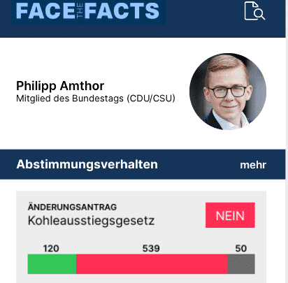 Screenshot from the 2020 prototype of the Face the Facts app which was developed during the UNLOCK Accelerator 2020. It shows information on politician Philipp Amthor