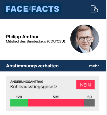 Screenshot from the 2020 prototype of the Face the Facts app which was developed during the UNLOCK Accelerator 2020. It shows information on politician Philipp Amthor
