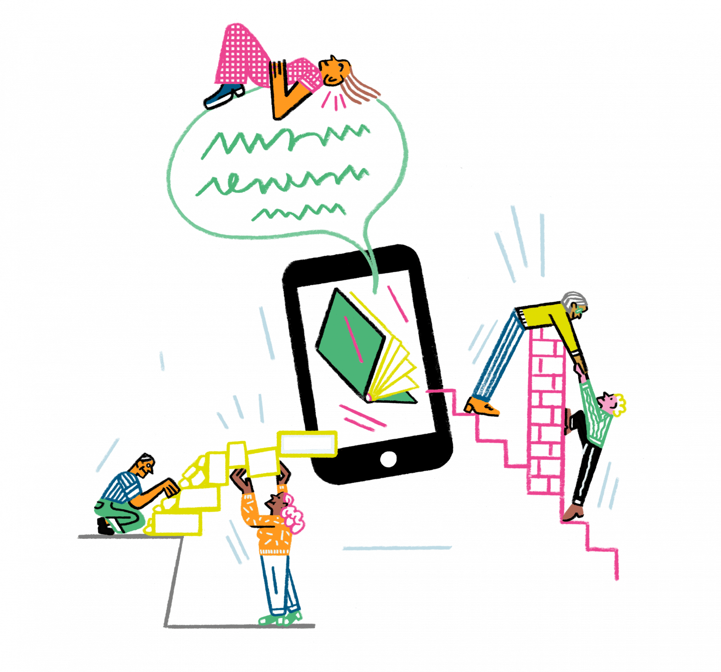 illustration of making knowledge accessible: humans building bridges to reach a smartphone displaying an open book. Created for the Wikimedia Accelerator UNLOCK by Wikimedia Deutschland e.V.