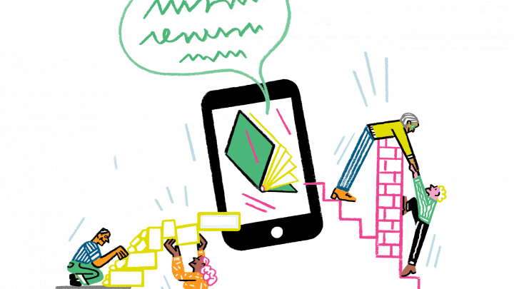 illustration of making knowledge accessible: humans building bridges to reach a smartphone displaying an open book. Created for the Wikimedia Accelerator UNLOCK by Wikimedia Deutschland e.V.