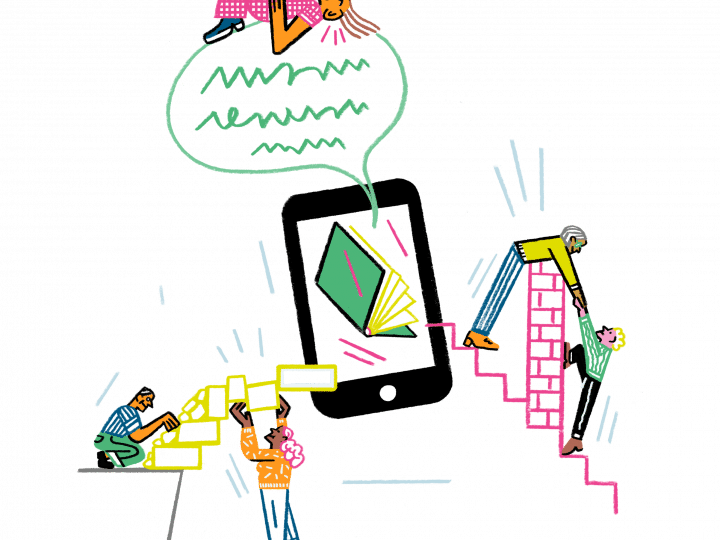 illustration of making knowledge accessible: humans building bridges to reach a smartphone displaying an open book. Created for the Wikimedia Accelerator UNLOCK by Wikimedia Deutschland e.V.