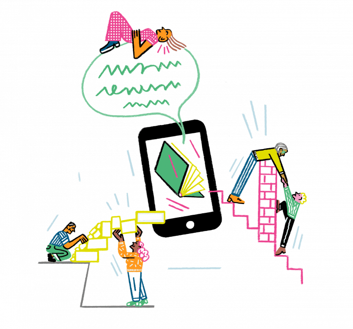 illustration of making knowledge accessible: humans building bridges to reach a smartphone displaying an open book. Created for the Wikimedia Accelerator UNLOCK by Wikimedia Deutschland e.V.