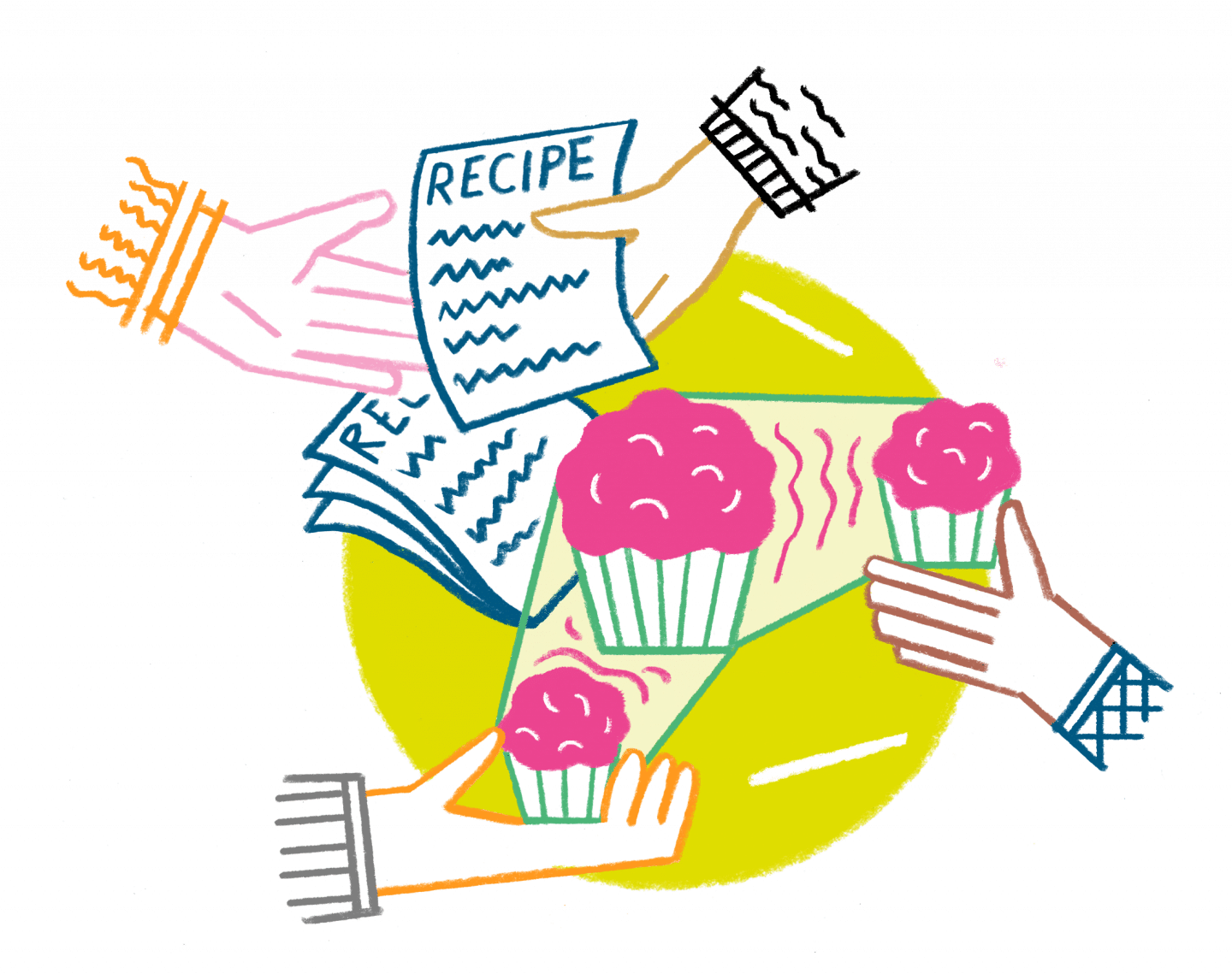 Illustration of cupcakes and recipes being shared to demonstrate open inovation and shared knowledge. Created for the Wikimedia Accelerator UNLOCK by Wikimedia Deutschland e.V.