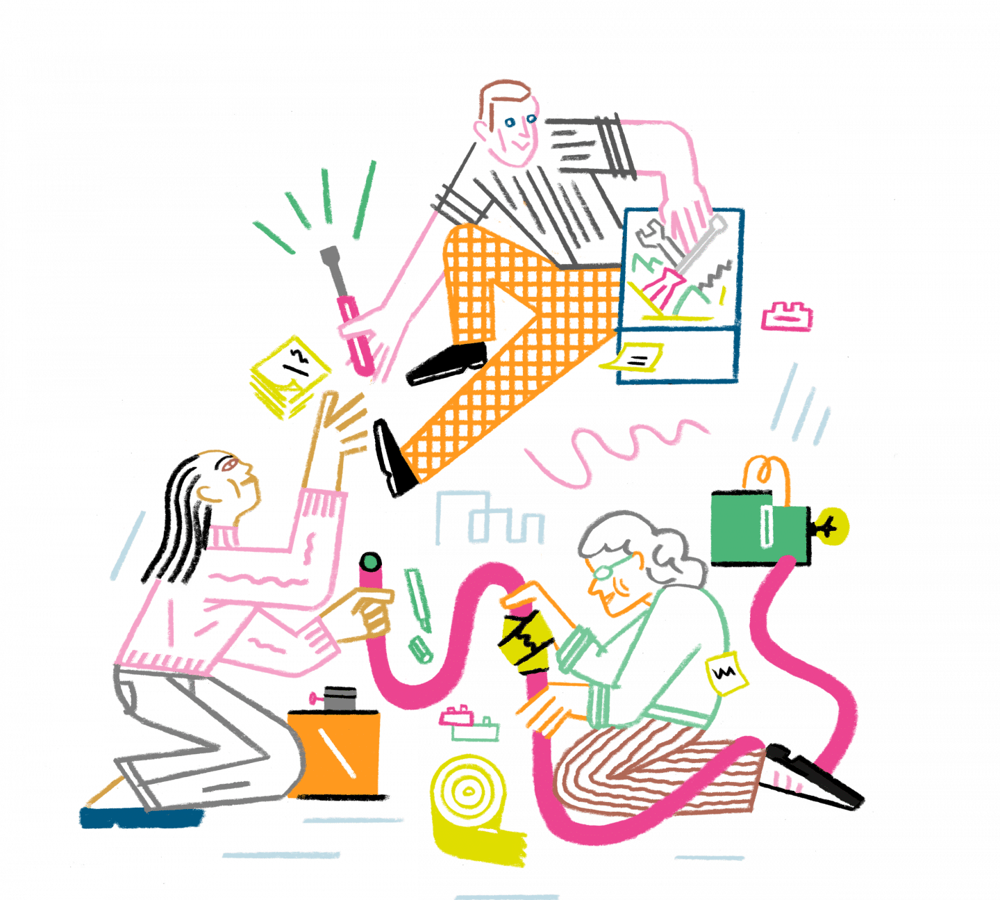Illustration of people building together to symbolize the power of collaboration. Created for the Wikimedia Accelerator UNLOCK by Wikimedia Deutschland e.V.