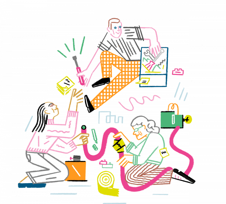 Illustration of people building together to symbolize the power of collaboration. Created for the Wikimedia Accelerator UNLOCK by Wikimedia Deutschland e.V.