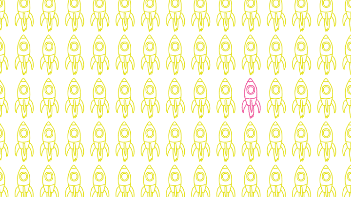 Illustrated pattern of spaceship rockets, one in pink the other ones in yellow