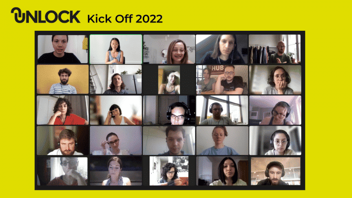 Screenshot of the UNLOCK Accelerator Event, showing all participating people in front of their webcames.