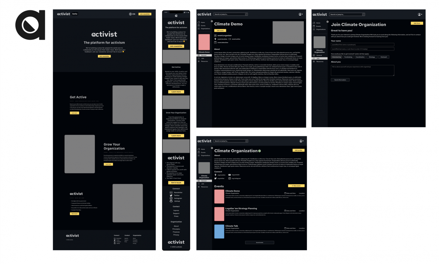 Mockups of the platform activist.org built as part of the UNLOCK Accelerator 2022