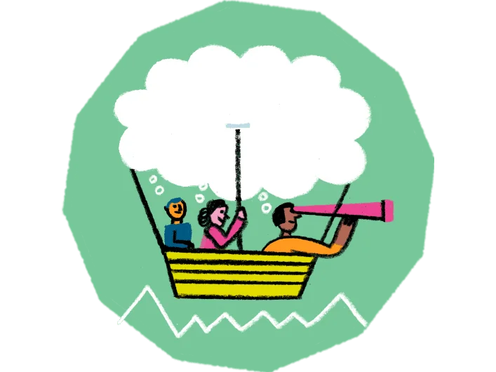 Illustration von Menschen in einem Heißluftballon, der von einer Wolke getragen wird