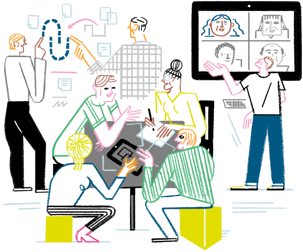 Eine Illustration von Menschen, die mit digitalen Tools in Teams zusammen arbeiten.