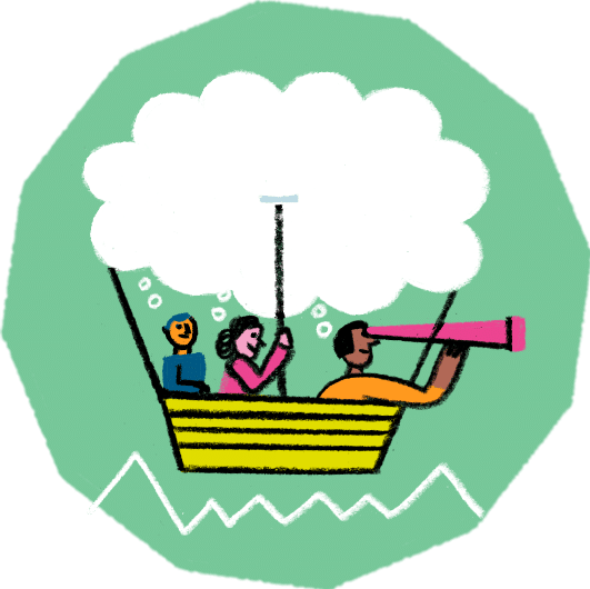 Illustration von Menschen in einem Heißluftballon, der von einer Wolke getragen wird