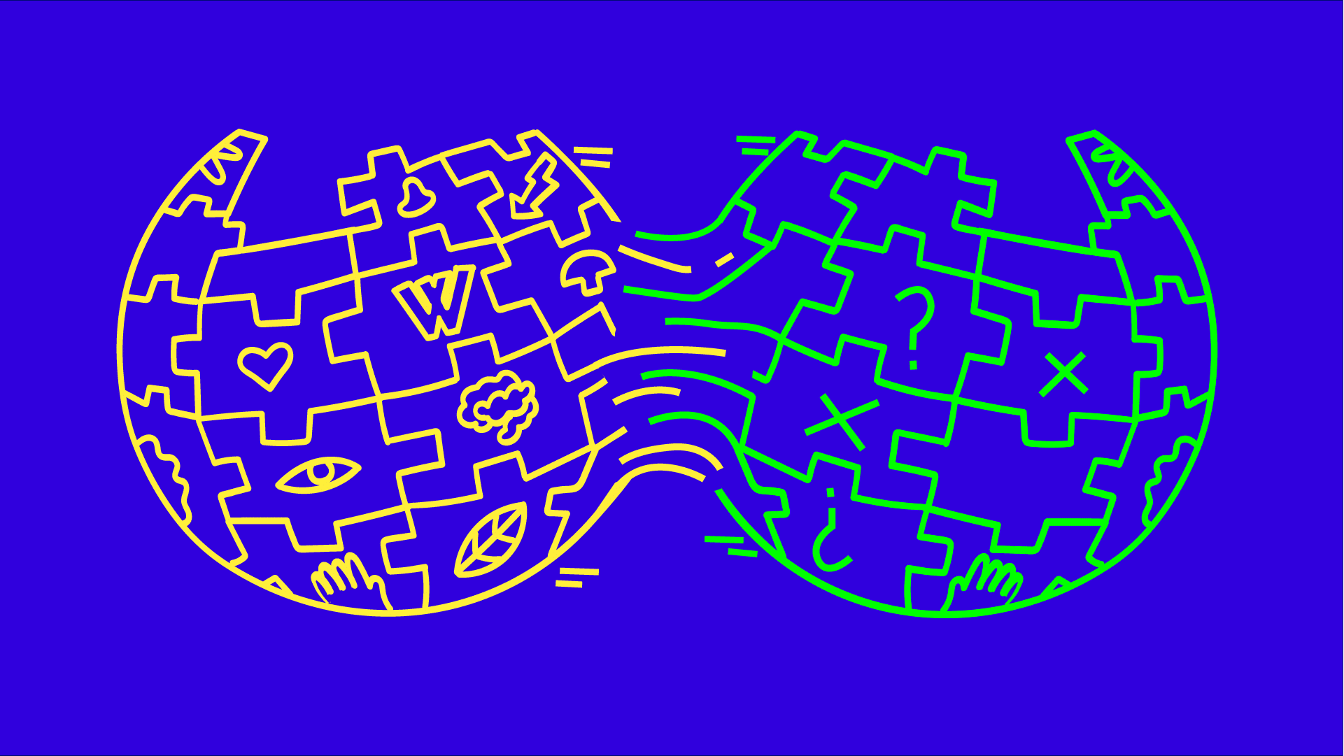 Zwei Wikipedia-Puzzlebälle werden zusammengezogen. Der rechte zeigt Fragezeichen und Kreuze, der linke Symbole wie Auge, Herz und Blatt.