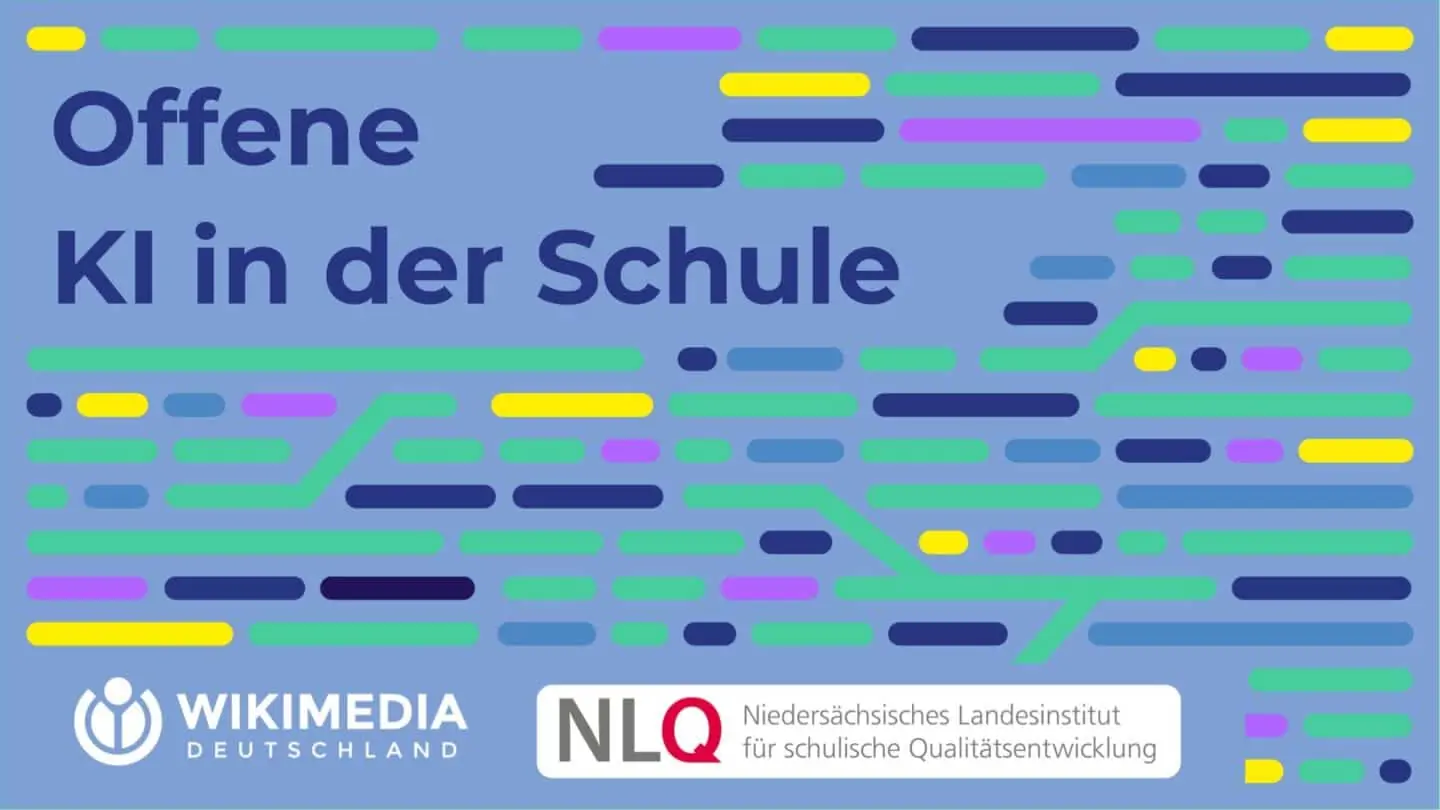 Grafik mit der Aufschrift "Offene KI in der Schule" und den Logos von NLQ und Wikimedia Deutschland.