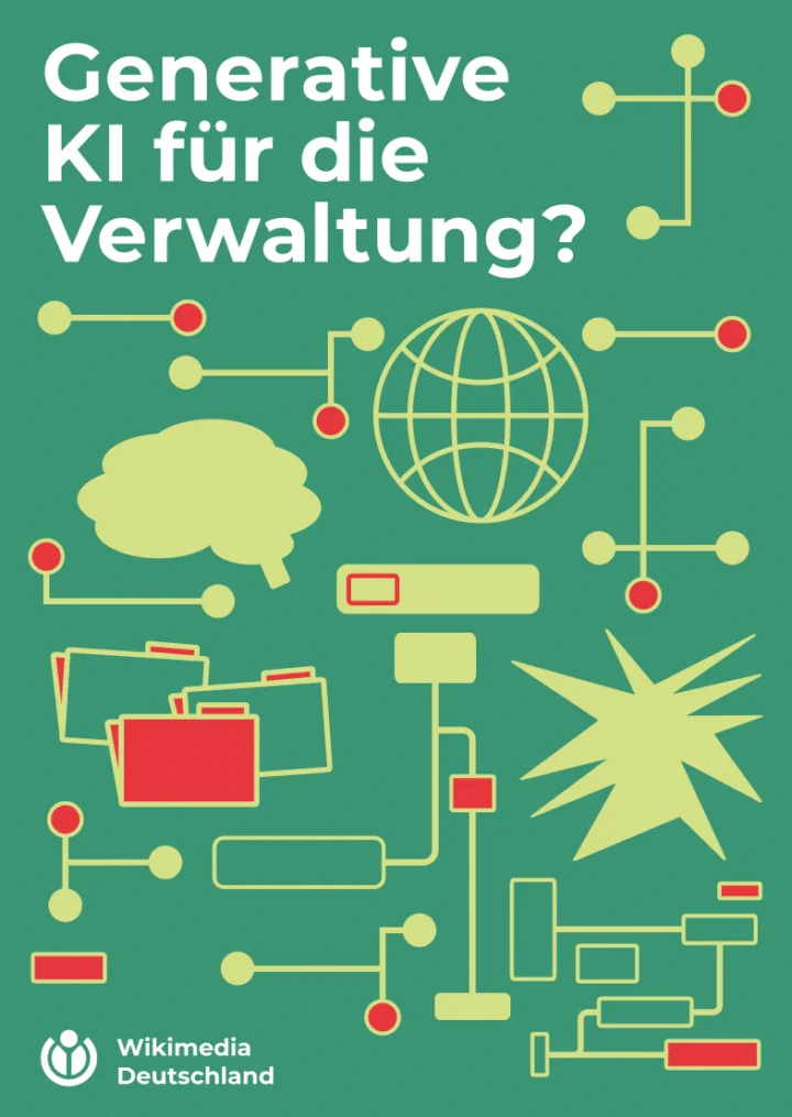 Cover der Publikation "Generative KI für die Verwaltung?" mit dem Logo von Wikimedia Deutschland.