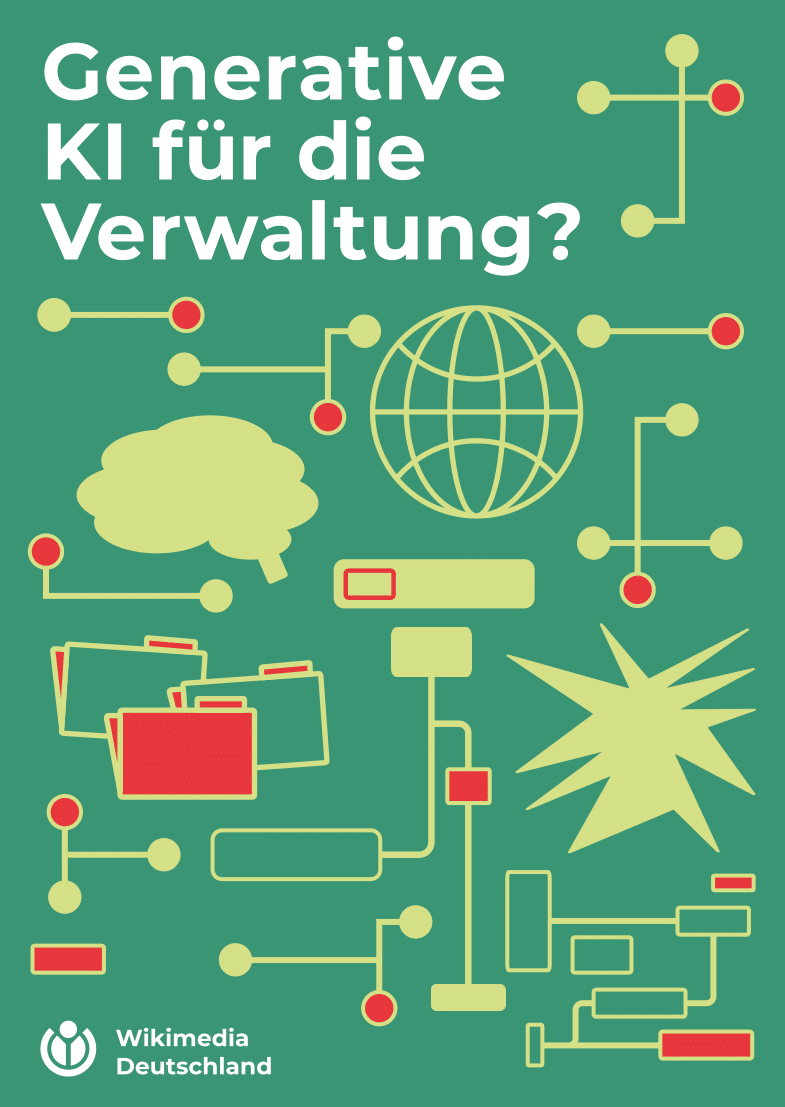 Cover der Publikation "Generative KI für die Verwaltung?" mit dem Logo von Wikimedia Deutschland.