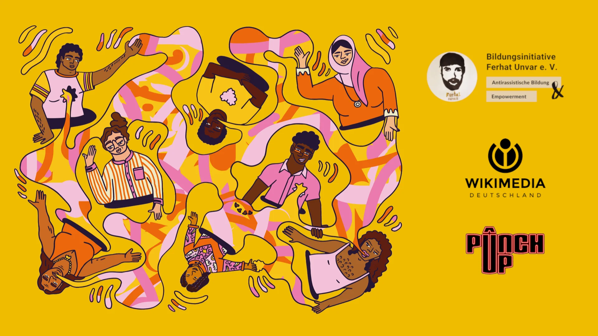 Veranstaltungsflyer mit Illustrationen und den Logos der Bildungsinitiative Ferhat Unvar e.V., Wikimedia Deutschland und Punchup.