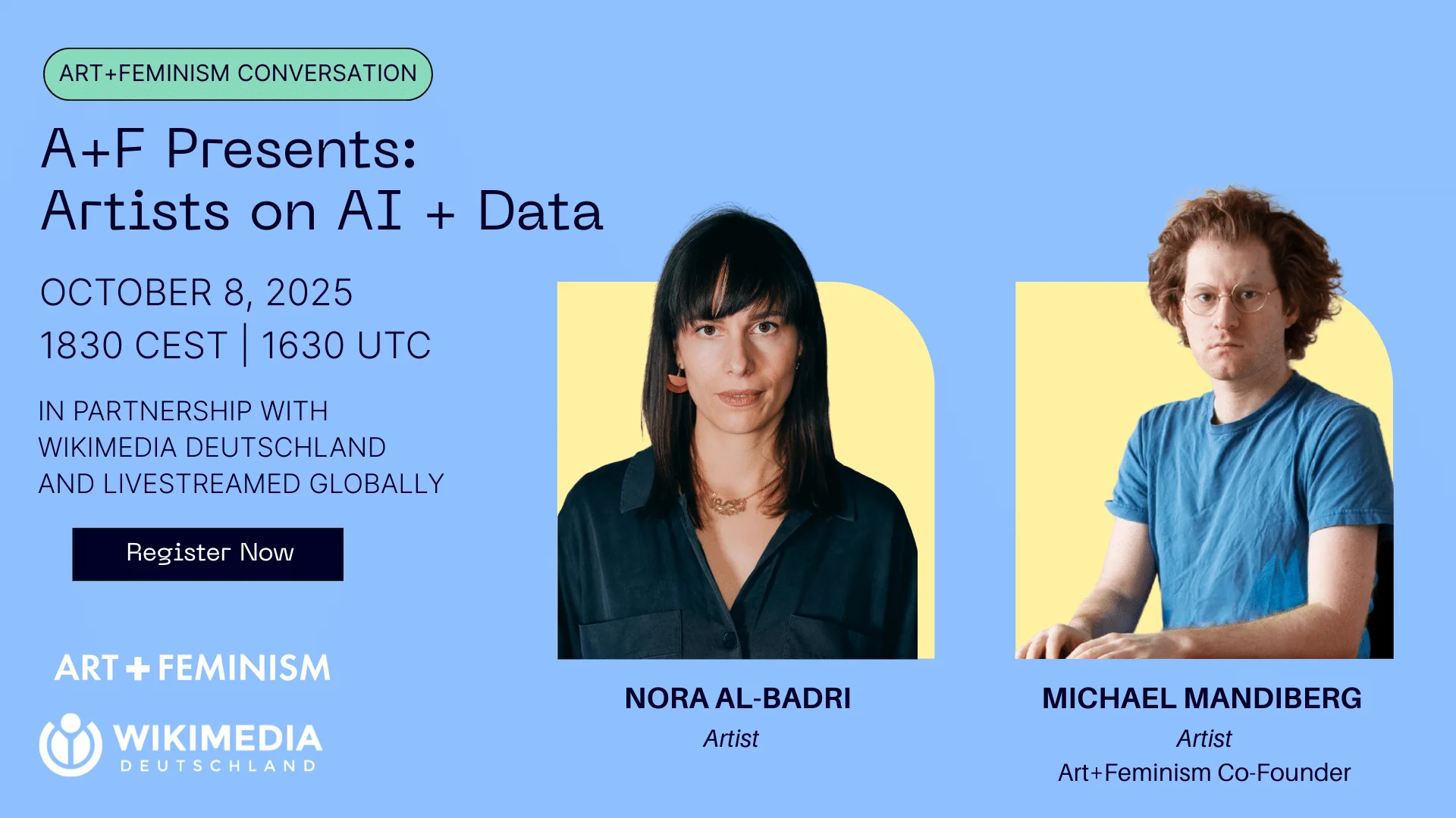 Ankündigung für das Online-Gespräch ‚Artists on AI + Data‘ mit Nora Al-Badri und Michael Mandiberg am 8. Oktober 2025, organisiert von Art+Feminism und Wikimedia Deutschland.