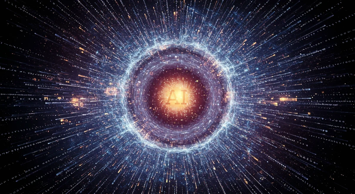 Goldfarbene Schaltkreisschaltung mit dem Schriftzug 'AI' in der Mitte vor einem dunklen Serverraum mit blauer Beleuchtung.