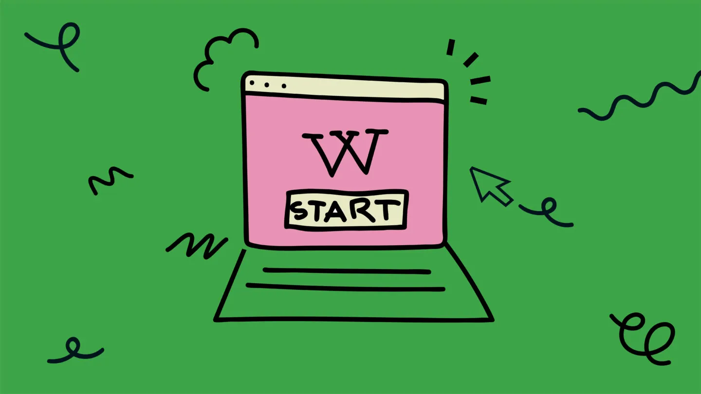 Zeichnung eines Laptops mit dem Wikipedia-W und einem Button auf dem Start steht